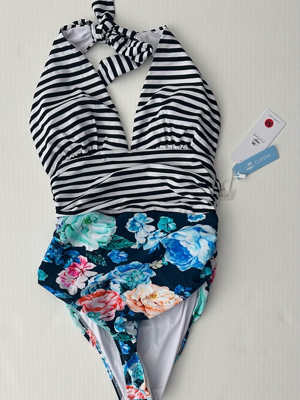 Cupshe Black & White Striped Halter One-Piece with Navy Floral Skirt